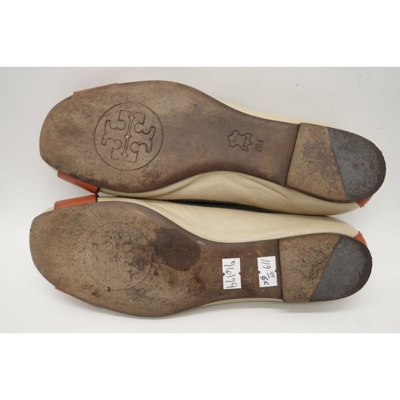 Tory Burch Logo Beige Orange Leather Buckle Toe Slip On Flats Shoes Women's 6 M - Picture 10 of 11
